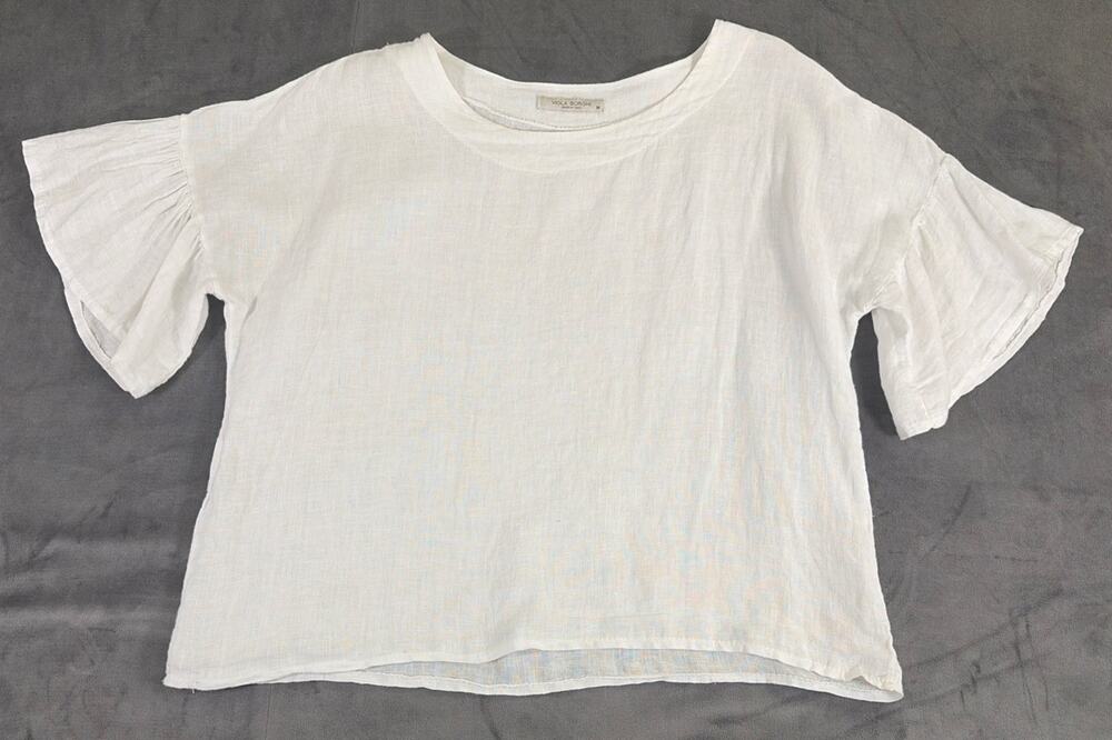 Viola Borghi White Minimalist Coastal Linen Top M Made In Italy Ruffled Sleeves